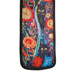 Quilted Black Cat Floral Garden Table Runner Whimsical